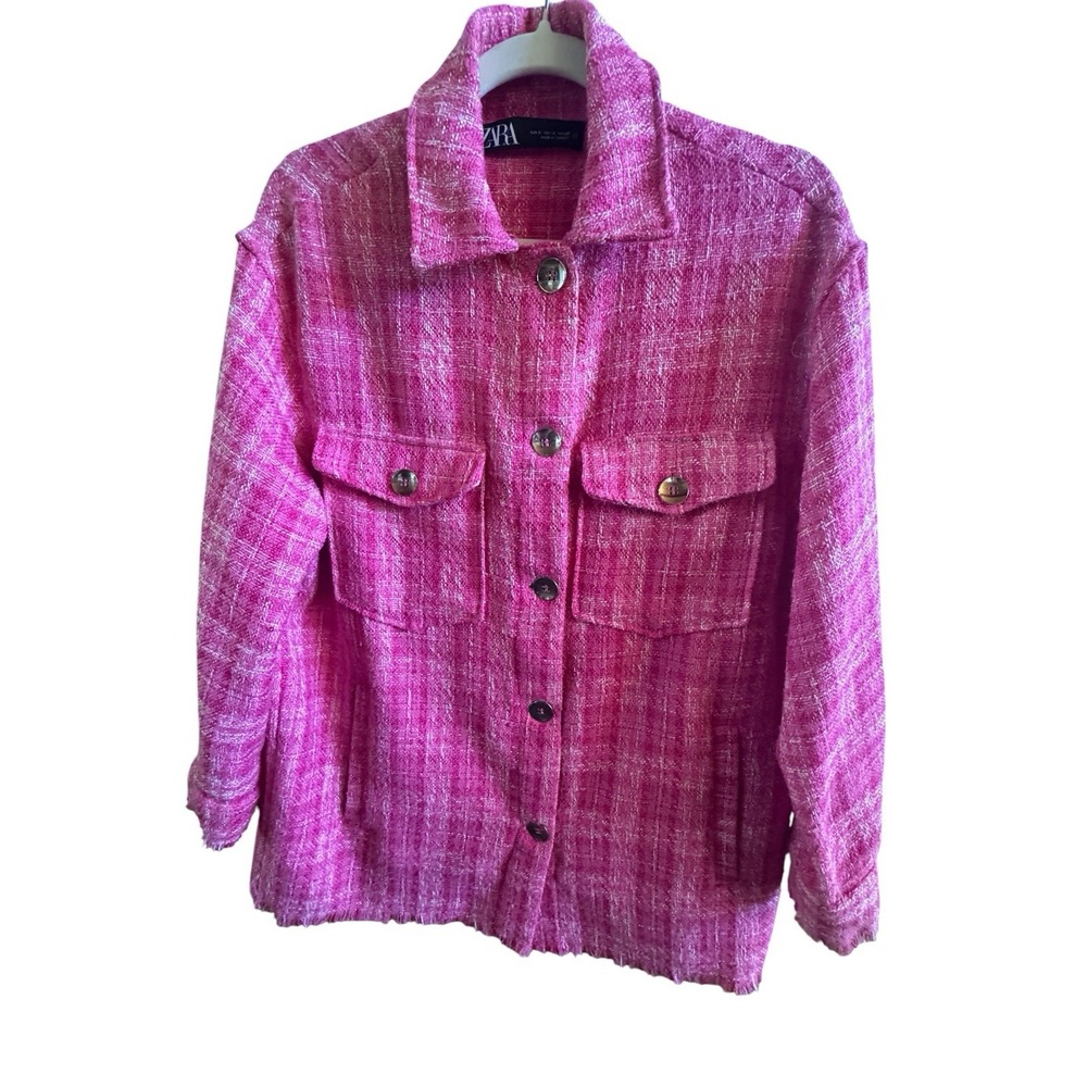 Zara Pink Check Tweed Overshirt Shacket Women's Small Frayed Trim Flap Pockets